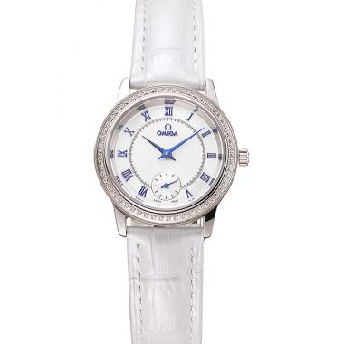 Replica Omega De Ville Prestige Small Seconds White Dial Diamond Bezel Stainless Steel Case White Leather Strap