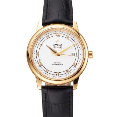 Cheap Omega De Ville Prestige White Dial Gold Case Black Leather Strap