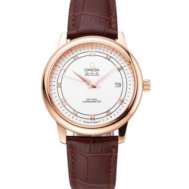 Omega De Ville Prestige White Dial Rose Gold Case Brown Leather Strap