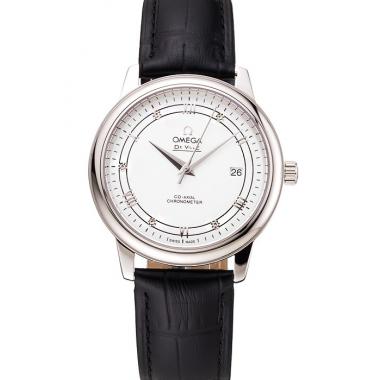 Replica Omega De Ville Prestige White Dial Stainless Steel Case Black Leather Strap