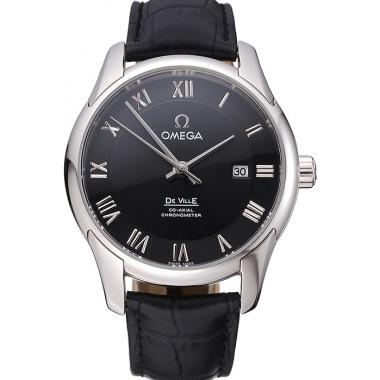 Omega DeVille Black Dial Stainless Steel Case Black Leather Strap  622829