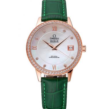 Omega DeVille Prestige Co-Axial Diamond Gold Case Mother-Of-Pearl Dial Green Leather Strap