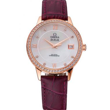 Omega DeVille Prestige Co-Axial Diamond Gold Case Mother-Of-Pearl Dial Purple Leather Strap