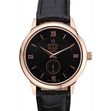 Replica Omega DeVille Prestige Small Seconds Black Dial Gold Case Black Leather Bracelet  622602