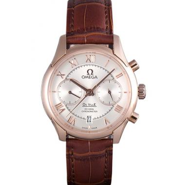 Omega DeVille Rose Gold Bezel with White Dial and Brown Leather Strap  621570