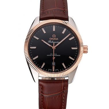 Cheap Omega Globemaster Black Dial Rose Gold Bezel Stainless Steel Case Brown Leather Strap