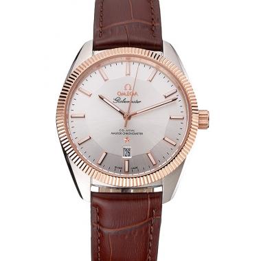 Omega Globemaster Silver Dial Rose Gold Bezel Stainless Steel Case Brown Leather Strap Replica