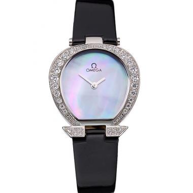 Replica Omega Ladies Watch Pearl Dial Stainless Steel Case With Diamonds Black Leather Strap  622828