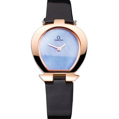 Omega Ladies Watch Sky Blue Dial Gold Case Black Leather Strap  622821