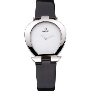 Omega Ladies Watch White Dial Stainless Steel Case Black Leather Strap  622818