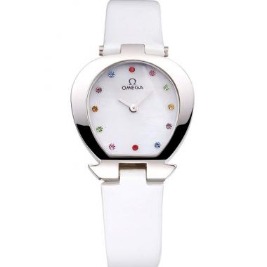 Cheap Omega Ladies Watch White Dial With Jewels Stainless Steel Case White Leather Strap  622817