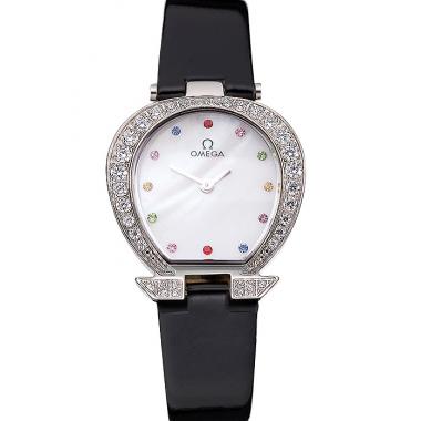 Omega Ladies Watch White Dial With Jewels Stainless Steel Case With Diamonds Case White Leather Strap  622826