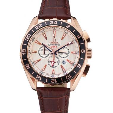 Omega Seamaster Aqua Terra Chrono GMT Ivory Dial Brown Leather Bracelet  622534 Replica