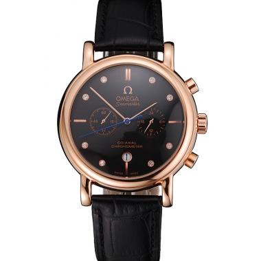 Omega Seamaster Vintage Chronograph Black Dial Diamond Hour Marks Rose Gold Case Black Leather Strap