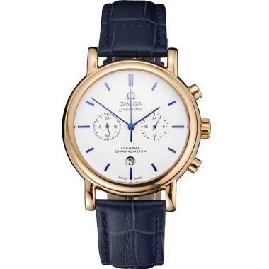 Omega Seamaster Vintage Chronograph White Dial Blue Hour Marks Gold Case Blue Leather Strap Replica