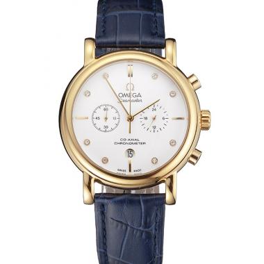 Omega Seamaster Vintage Chronograph White Dial Diamond Hour Marks Gold Case Blue Leather Strap