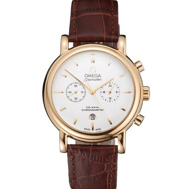 Omega Seamaster Vintage Chronograph White Dial Gold Case Brown Leather Strap