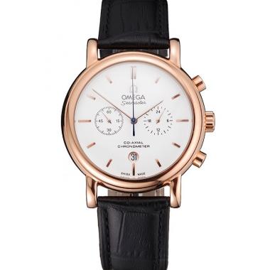 Omega Seamaster Vintage Chronograph White Dial Rose Gold Case Black Leather Strap Replica