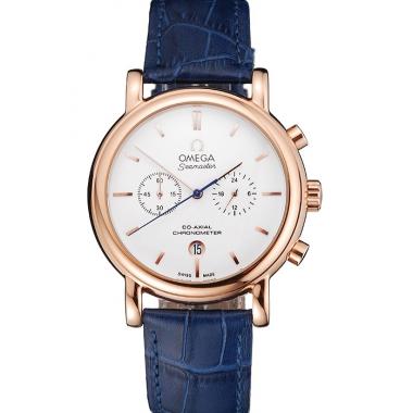 Omega Seamaster Vintage Chronograph White Dial Rose Gold Case Blue Leather Strap