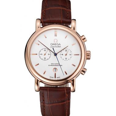 Omega Seamaster Vintage Chronograph White Dial Rose Gold Case Brown Leather Strap