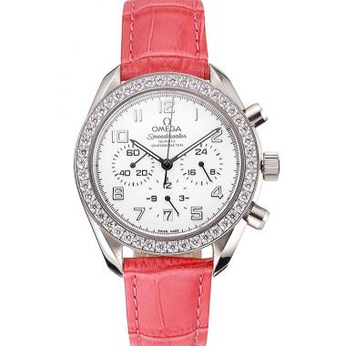 Omega Speedmaster White Dial Stainless Steel Case Diamond Bezel Pink Leather Strap Replica