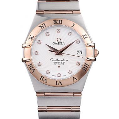 Omega Swiss Constellation Jewelry Rose Gold Case Radial Emblem White Dial