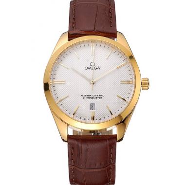 Omega Tresor Master Co-Axial White Dial Gold Case Brown Leather Strap Replica