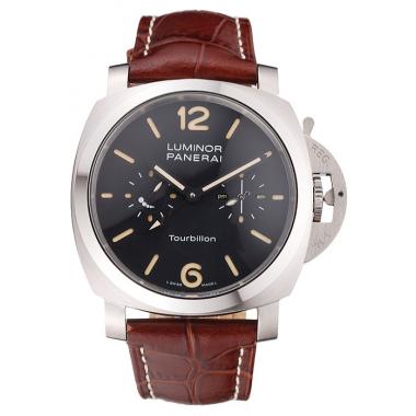 Panerai Luminor 1950 Tourbillon GMT Black Dial Stainless Steel Case Brown Leather Strap