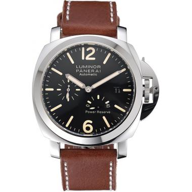 Replica Panerai Luminor Automatic Power Reserve Black Dial Stainless Steel Case Brown Leather Strap