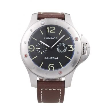 Panerai Luminor Brushed Stainless Steel Case Black Dial Dark Brown Leather Strap