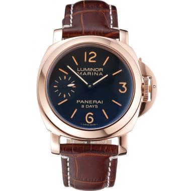 Panerai Luminor Marina 8 Days Black Dial Rose Gold Case Brown Leather Strap Replica