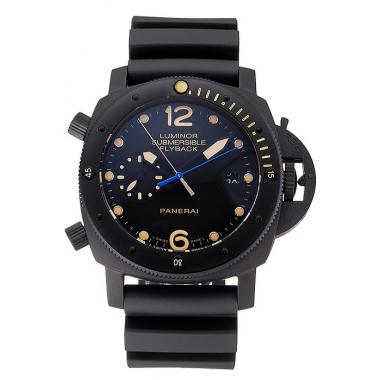 Panerai Luminor Submersible Flyback Date Black Dial Yellow Markings Black Ionized Case Black Rubber Strap