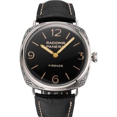 Panerai Radiomir Firenze 3 Days Acciaio PAM604 Black Dial Engraved Stainless Stell Case Black Leather Strap