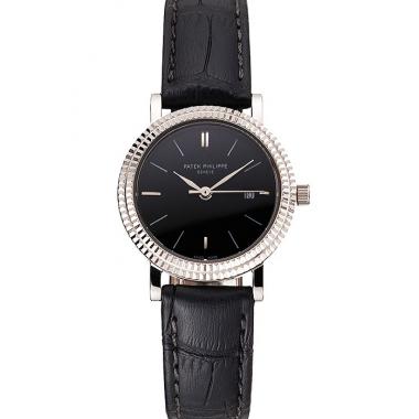 Patek Philippe Calatrava Black Dial Double Ribbed Bezel Stainless Steel Case Black Leather Strap