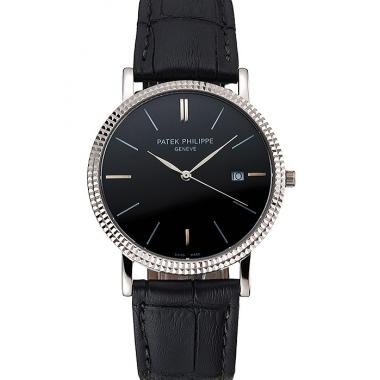 Cheap Patek Philippe Calatrava Black Dial Ribbed Bezel Stainless Steel Case Black Leather Strap