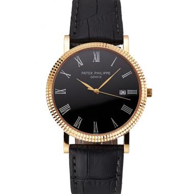 Patek Philippe Calatrava Black Dial Roman Numerals Ribbed Bezel Gold Case Black Leather Strap