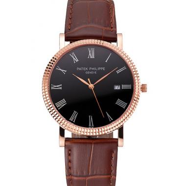 Patek Philippe Calatrava Black Dial Roman Numerals Ribbed Bezel Rose Gold Case Brown Leather Strap