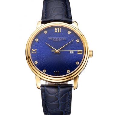 Patek Philippe Calatrava Date Blue Embossed Dial Gold Case Blue Leather Strap Replica