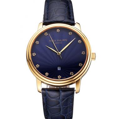 Replica Patek Philippe Calatrava Date Blue Guilloche Dial Gold Case Blue Leather Strap