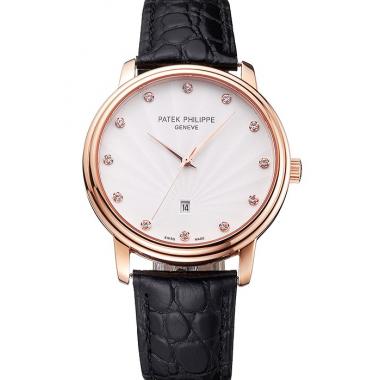 Patek Philippe Calatrava Date White Dial Rose Gold Case Black Leather Strap Replica