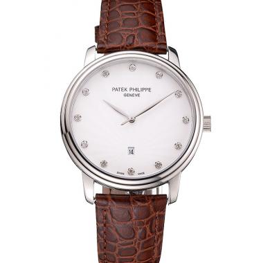 Cheap Patek Philippe Calatrava Date White Dial Stainless Steel Case Brown Leather Strap