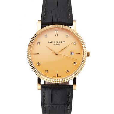 Patek Philippe Calatrava Gold Dial Diamond Hour Marks Ribbed Bezel Gold Case Black Leather Strap Replica