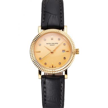 Patek Philippe Calatrava Gold Dial Dimond Hour Marks Double Ribbed Bezel Gold Case Black Leather Strap