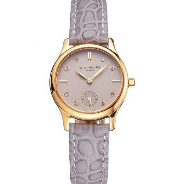 Cheap Patek Philippe Calatrava Gray Dial Diamond Markings Gold Case Gray Leather Strap HM07860