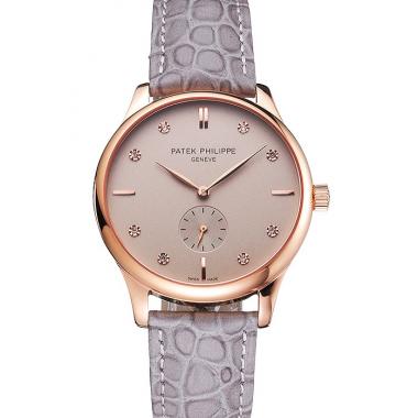 Cheap Patek Philippe Calatrava Gray Dial Diamond Markings Rose Gold Case Gray Leather Strap