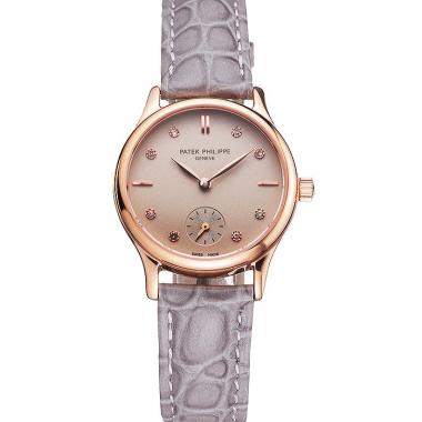 Replica Patek Philippe Calatrava Gray Dial Diamond Markings Rose Gold Case Gray Leather Strap