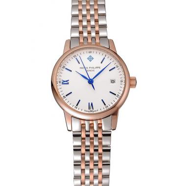 Cheap Patek Philippe Calatrava Ladies White Dial Blue Numerals Rose Gold Case Two Tone Bracelet 1453830