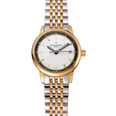 Replica Patek Philippe Calatrava Ladies White Dial Yellow Gold Case Two Tone Bracelet 1453828