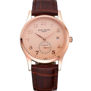 Cheap Patek Philippe Calatrava Rose Dial Rose Gold Case Brown Leather Strap  622836