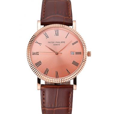 Cheap Patek Philippe Calatrava Rose Gold Dial Roman Numerals Ribbed Bezel Rose Gold Case Brown Leather Strap